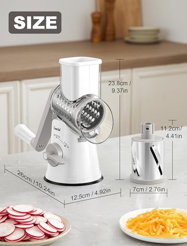 Image of Geedel Rotary Cheese Grater Vegetable Shredder With 6 Interchangeable Blades No Slip Suction Base, Mandoline Slicer & Food Chopper for Cheese, Ice, Nuts, Vegetables, Veggie