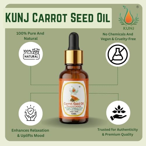 Image of KUNJ Carrot Seed Oil 10ML - Pure Natural Cold Pressed Carrier Oil for Glowing Skin, Face Care, Hair Nourishment, Massage, DIY Cosmetics & Daily Beauty Care