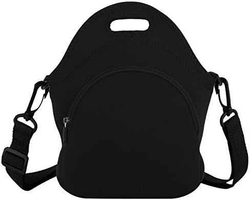 Armofit Black Neoprene Lunch Bag Insulated Reusable Washable Lunch Tote Waterproof Foldable Handbag with Detachable Strap and Extra Front Pocket for Women Men Work Office Picnic