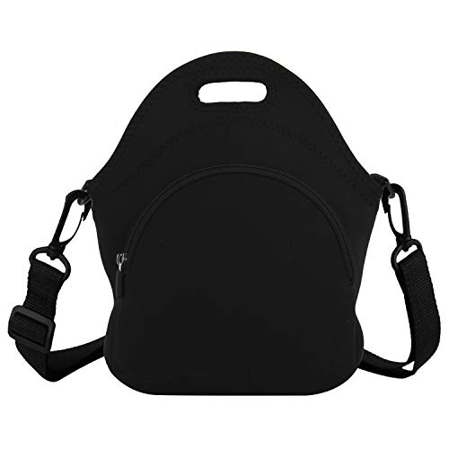 Armofit Black Neoprene Lunch Bag Insulated Reusable Washable Lunch Tote Waterproof Foldable Handbag With Detachable Strap And Extra Front Pocket For Women Men Work Office Picnic #TOP3