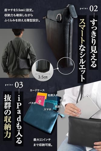 LEZOPHIS サコッシュ メンズ 本革 【高級トップグレインレザー／所ジョージの世田谷ベース掲載】 ショルダーバッグ 革 薄型 小さめ (ネイビー)