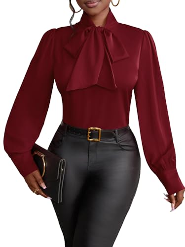 Vrtige Women's Elegant Bow Tie Neck Long Sleeve Blouse Office Shirt Top Burgundy Large