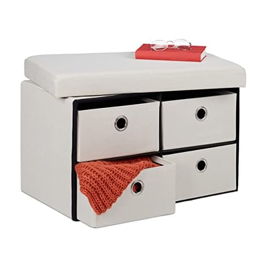 Relaxdays Banco Almacenaje, Baúl Plegable, 4 Cajones, Mueble con Asiento Recibidor, Pasillo, Salón, 39x60x38 cm, Crema, 70% Tablero de Fibra 20% poliéster 10% Espuma