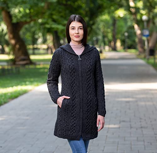 SAOL 100% Merino Wool Aran Irish Cardigan for Women with Pockets, Hood and Celtic Zipper4