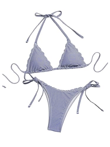 WDIRARA Women's Striped Bikini Set Halter Triangle String Swimsuit 2 Piece Bathing Suit