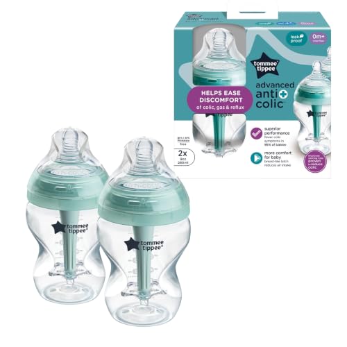 Image of Tommee Tippee Advanced Anti-Colic 9 oz BPA Free Baby Bottles, Newborn 0+ Months, Slow Flow Breast-Like Nipple, Unique Design Keeps Air Away from Milk and Baby, Clear, Pack of 2