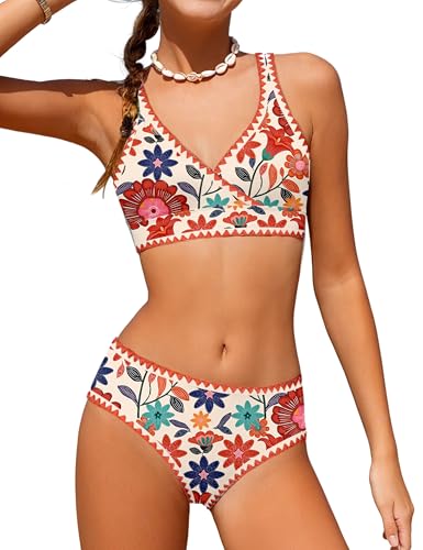 Image of KANGKANG Girls Swimsuit Bikini Set Solid Color V-Neck Two Piece Bathing Suit with Chest Pad Adjustable Straps Swimwear 7-16T