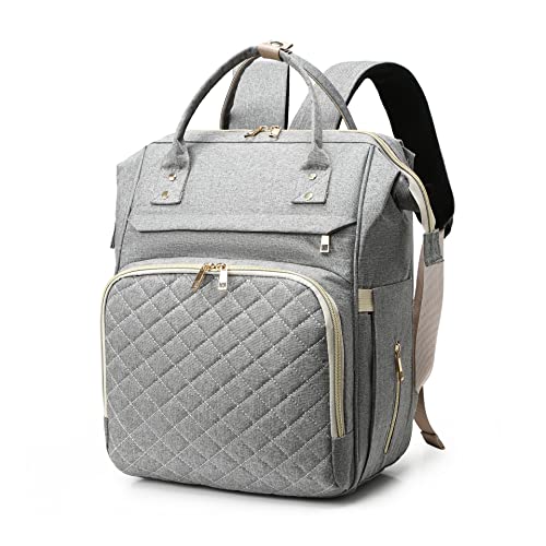 Funsland Mochilas de Pañales para Bebé, Gran Capacidad Mochila Pañales Maternal Bolso Carro Bebé, Bolsillos Aislados y Soporte para Chupete, Mochila Carrito Bebe Impermeable, Gris Claro