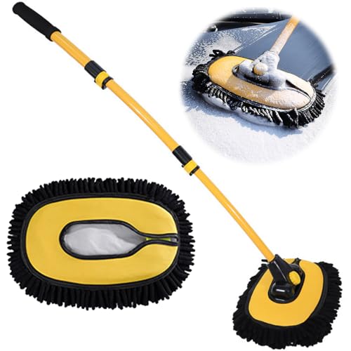 DAJILI I - Cepillo de lavado de coche con mango telescópico, cepillo de limpieza curvado de 15° con mango telescópico de aleación de aluminio de 43 pulgadas, fregona de microfibra con cabezales de