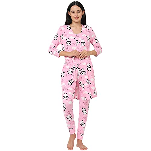 Image of Sweet Dreams Women Printed Lapel Collar 3 /4th Sleeve Poly Brush Robe, Slip & Pyjama Set
