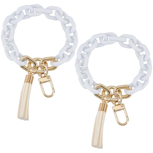 Porte-clés acrylique blanc facile à retrouver dans le sac grâce au pompon visible