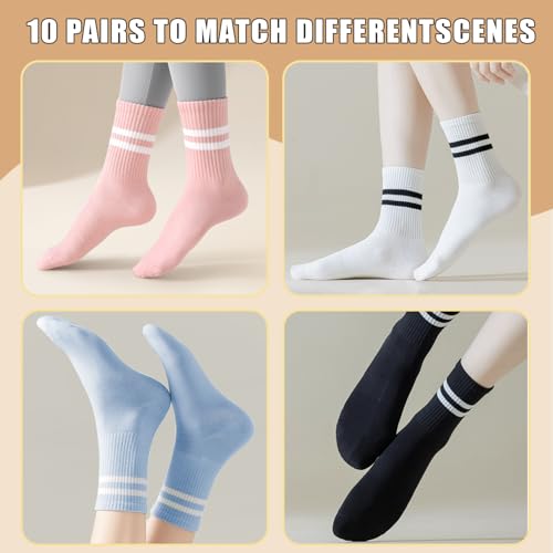 10 Pairs Vintage Striped Thin Cotton Crew Athletic Socks Sports Gym Running Hiking Calf Socks for Women3