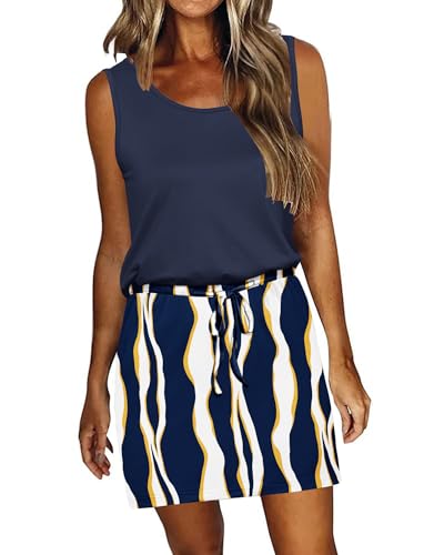 Image of AUSELILY Womens Summer Dress Casual Sleeveless Drawstring Short Dresses | Adjustable drawstring waist for a custom fit, plus 2 side pockets-perfect beach-to-street sundress