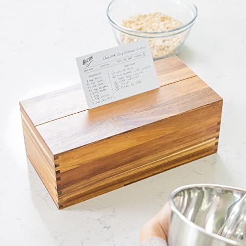 Beautiful Handcrafted Recipe Box Of Genuine Acacia Wood - Larger Size Holds 500 4X6 Cards In 2 Rows. Includes 50 Cards, 15 Dividers, Grooved Lid Display. Protected With Mineral Varnish. Ideal Gift #TOP6