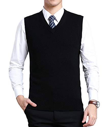 Zoroley Mens V Neck Sweater Vest Casual Solid Color Sleeveless Knitted Pullover Business Plain Slim Fit Knitwear Black
