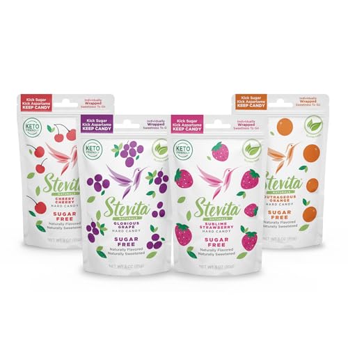 Stevita Hard Candy, Variety Pack - 4 Resealable Pouches - Strawberry, Cherry, Orange & Grape Flavors - Sugar & Aspartame Free - Naturally Flavored & Sweetened - Non-GMO, Gluten Free, Keto Friendly