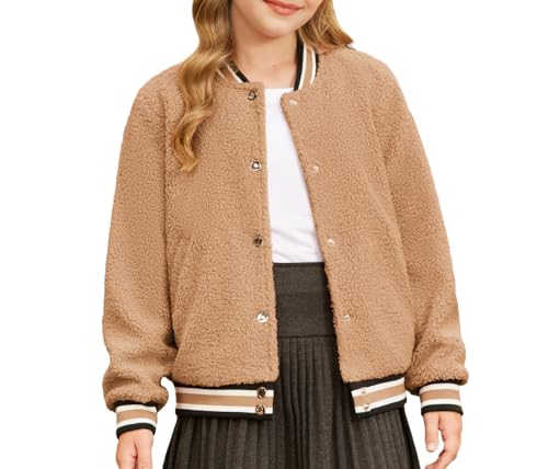 GRACE KARIN Tween Girls Winter Coat Fleece Jacket Button Down Fall Varsity Baseball Outwear with Pocket Size 14