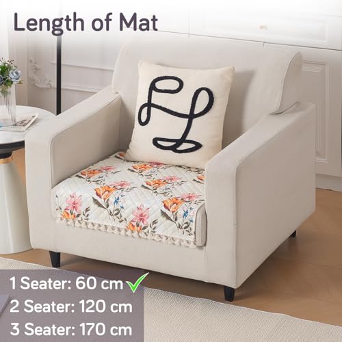 Image of HOKIPO Painterly Floral Quilted Sofa Cover Mat with Tassels for 1 Seater 'Tassel Twigs' Series (IN-982-T8)
