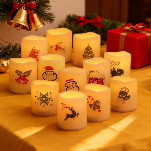 Image of Battery Operated Flameless LED Votive Candles with Christmas Decals 12 PCS