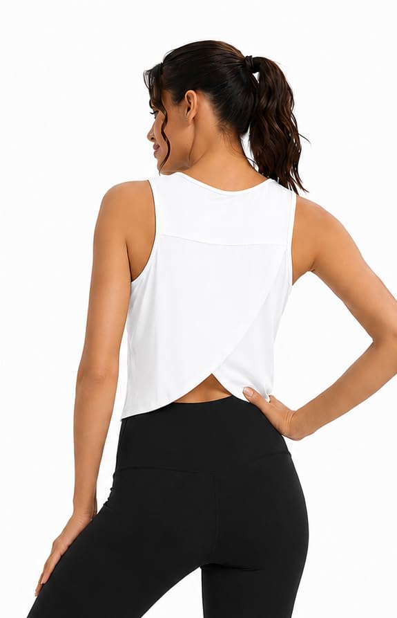 Image of Workout Tops for Women Cropped Open Back Sleeveless Tank Tops Athletic Gym Yoga Shirts Loose Fit