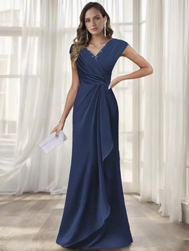 Mother of The Bride Groom Dresses for Women V Neck Cap Sleeve A Line Appliqued Long Length3