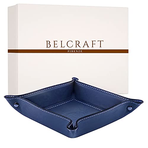 Belcraft Orvieto Plateau Bien rangé en Cuir de Fabrication Artisanale Italienne, Vide Poches, Cadeau, Bleu (19x19 cm)