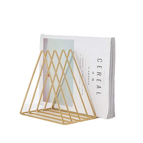 QPEY Triangle File Holder,5 Slot Metal Vinyl Record Stand Holder Magazine Newspaper Holder Photography Props for Office Home 1 Pc (Gold)
