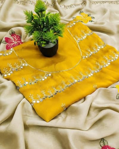 Image of Handcrafted Floral Embroidered Saree with Contrast Blouse