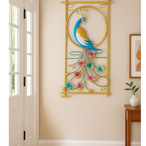 Image of Framing Hub Multicolor Metal Peacock Wall Art Decor Showpiece | Stylish Interior Wall Hanging Showpiece Perfect for Living Room Bedroom Kitchen Office (Size 22x42 Inch)