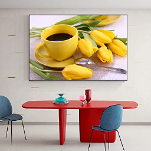 Peinture fleur jaune et tasse pour habiller un grand mur blanc de salon