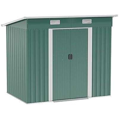 Outsunny 7' x 4' Outdoor Storage Shed, Galvanized Metal Utility Garden Tool House, Lockable Door for Backyard, Bike, Patio, Garage, Lawn, Dark Green