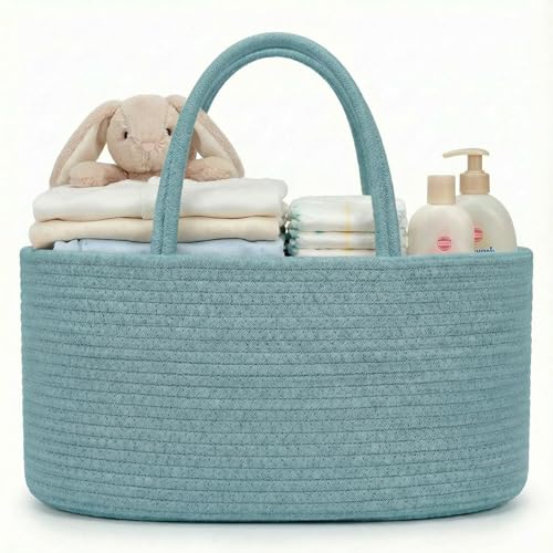 Image of luxury little Diaper Caddy Organizer, Large Cotton Rope Nursery Baby Basket, Changing Table Organizer for Baby Diaper Storage, Portable Car Organizer Removable Divider (Lake Blue, Extra Large)