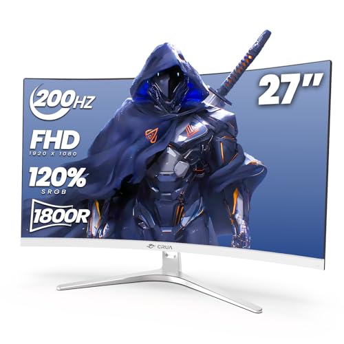 CRUA 27 Inch Curved Gaming Monitor 200Hz/144Hz, FHD 1920X1080P 1800R White Computer Monitor, VA...
