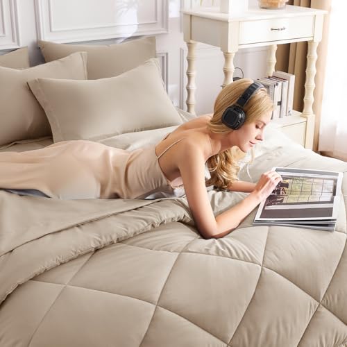Image of CozyLux Queen Comforter Set Wheat - Bed in a Bag Queen Size 7 Pieces, Luxury Soft Bed Set for All Seasons, Bedding Set with Down Alternative Comforter, Sheets, Pillowcases & Shams