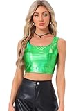 Allegra K Women's U Neck Sleeveless Halloween Party Clubwear Holographic Shiny Metallic Crop Top Large Shamrock Green