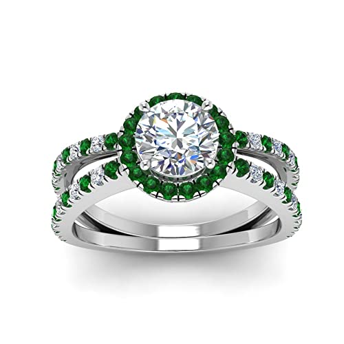 Image of 55Carat Reverse Split Shank Halo Diamond Ring Sterling Silver Created Emerald Round Shape Green Color Halo Engagement Rings Prong Setting in Size 7 Party Wear Daily Wear Ornament