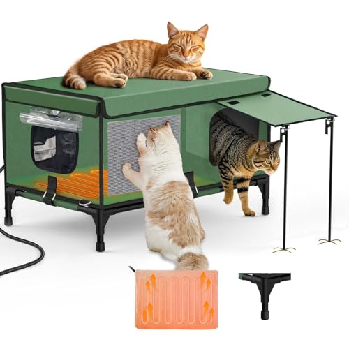Heated Cat House for Outside with Escape Hatch, Insulated Outdoor Feral Cat House Weatherproof, Detachable Clawsable Heated Cat House for Outside Stray and Barn Cats