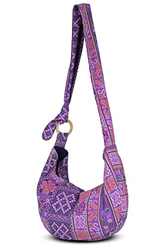 Image of Hobo Crossbody Bag for Women - Handmade Cotton Boho Purse with Wooden Ring | Lightweight Slouchy Shoulder Sling Tote Bag