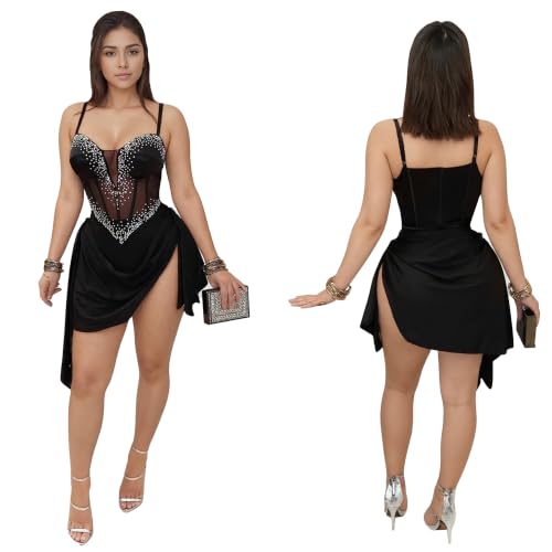 Image of PORRCEY Women's Sexy Elegant Rhinestone Mesh Party Club Night Mini Dress