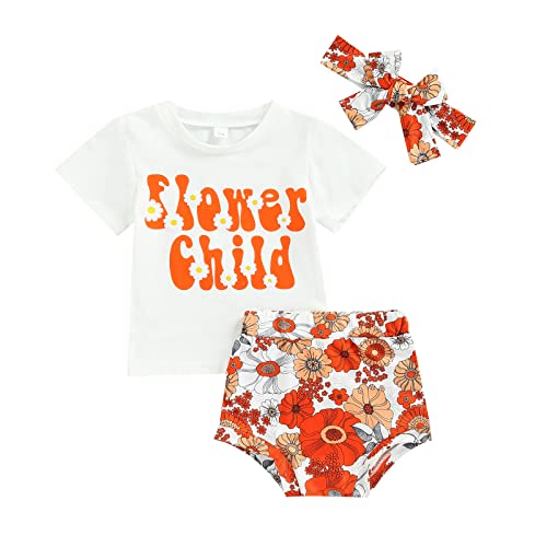 Baby Girl Summer Clothes Set Letter Printed Short Sleeve T-shirt Floral Shorts 6 12 18 24 Months Toddler Outfits (Orange Flower, 6-12 Months)