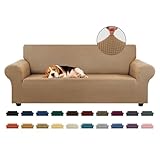 KEKUOU Stretch Sofa Cover Slipcover ，Couch Covers for 3 Cushion Couch Sofa pet Friendly (78'-94') Furniture Protector Sofa with Elastic Bottom for Kids,Dog, Jacquard Small Checked(Large,Camel)
