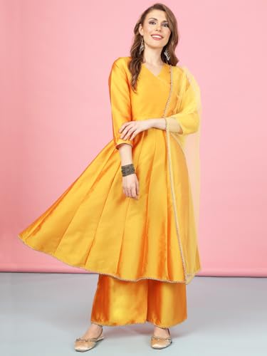 Image of A.T.U.N. (ALL THINGS UBER NICE) Cotton Women Anarkali Paneled Kurta With Palazzos & Dupatta