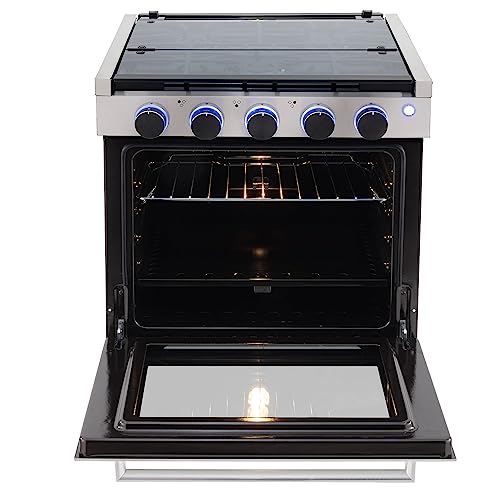 Image of RecPro RV Stove | Gas Range 21 inch Tall | 3 Burner | 1.8 Cu. Ft | 7100 BTU | Optional Vented Range Hood | Black or Silver Color Options (Silver, with Vented Range Hood)