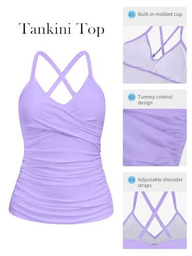 Image of RELELCIGA Women's Tankini Top V Neck Ruched Tummy Control Bathing Suit Top