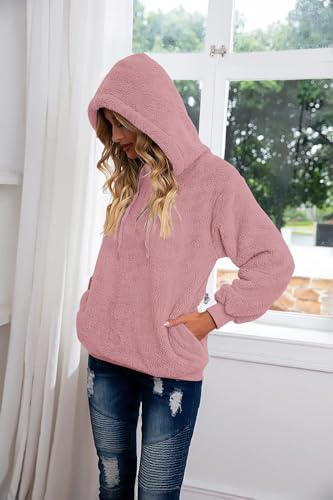 Hoodie Damen Oversize Fleecejacke Teddy Pullover Teddyjacke Pulli Teddy Fleece Sweatshirt Kapuzenpullover Kapuzenpulli Warm Langarm Lose Winter Tops Oberteile Casual mit Tasche (Rosa, 3XL)