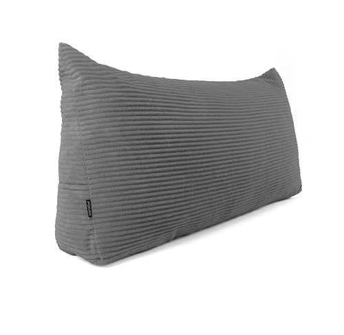 POKAR Rückenkissen | Cord Keilkissen 70x40x20 cm | Lesekissen für Bett und Sofa | Sofakissen für Rückenlehne | Groß Wandkissen Couchkissen mit Seitentaschen | Oeko Tex 100 Zertifiziert | Dunkelgrau