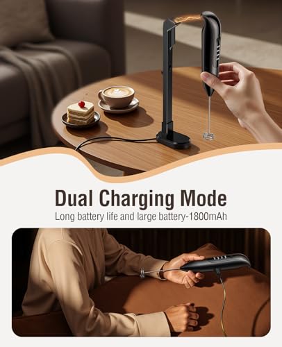 Image of Dynooper Electric Milk Frother Handheld: coffee frother rechargeable 3 in 1 - LED Display, Wireless Charging - 3 Speeds, Stainless Steel Whisk for Latte, Cappuccino - Jet Black