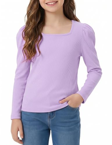 Image of Leversic Girls Long Sleeve Tops Ribbed Square Neck Puff Sleeve T Shirt