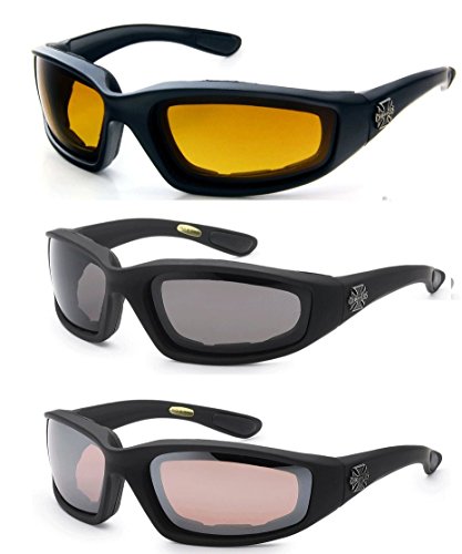 3 Pairs of Choppers Glasses Padded Frame Lense Block 100% UVB for Outdoor Activity Sport (HD - Smoke - Amber)