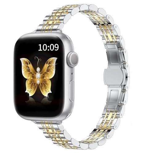 Image of Slim Metal Band Compatible with Apple Watch Straps 42mm [Series 10] 41mm 40mm 38mm, Stainless Steel Chain Strap for Women iWatch Straps Series 9 8 7 6 5 4 3 2 1 SE [WATCH NOT INCLUDED]